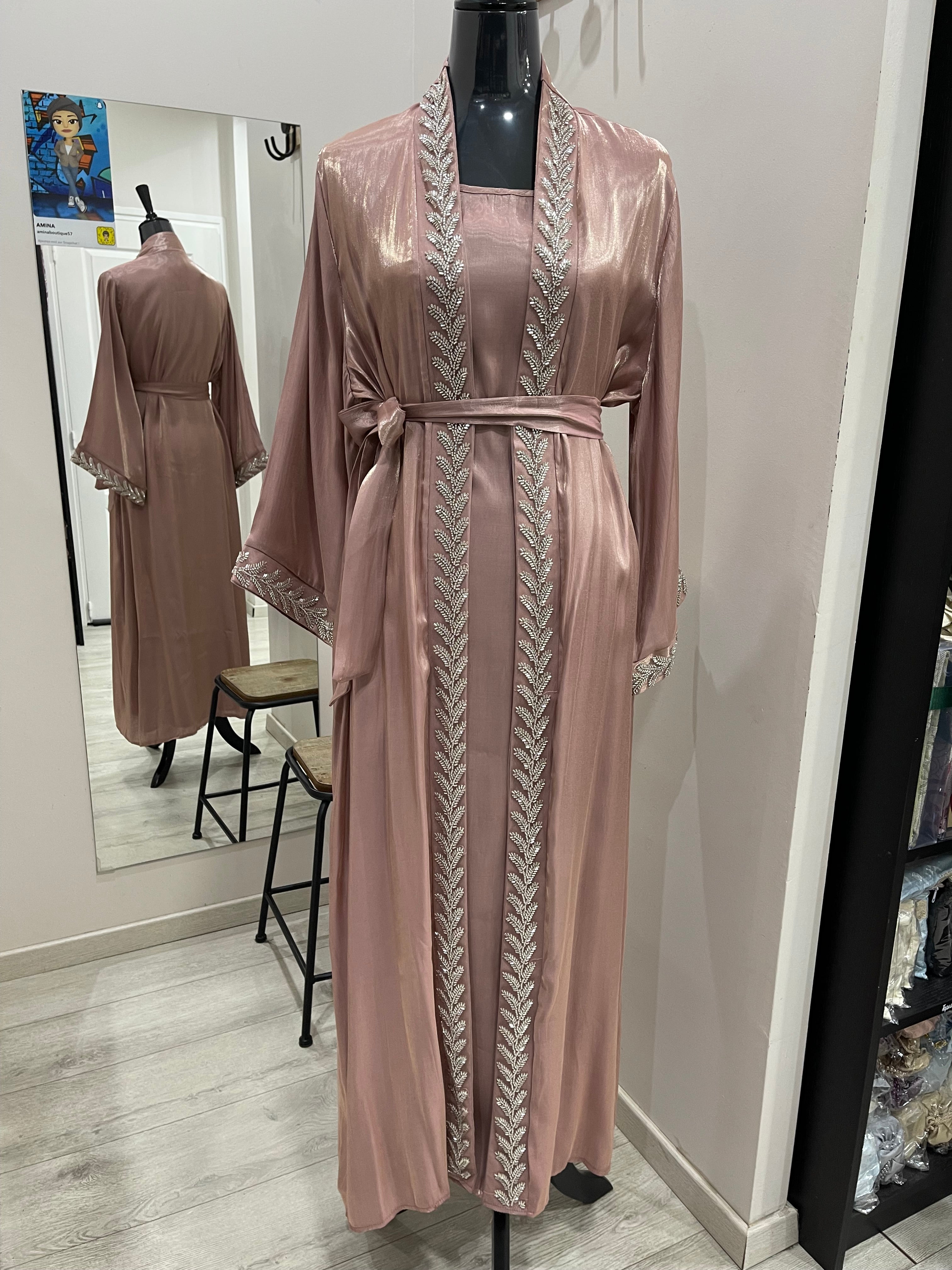 ENSEMBLE 2 PIECES ABAYA ET GILET ROSE