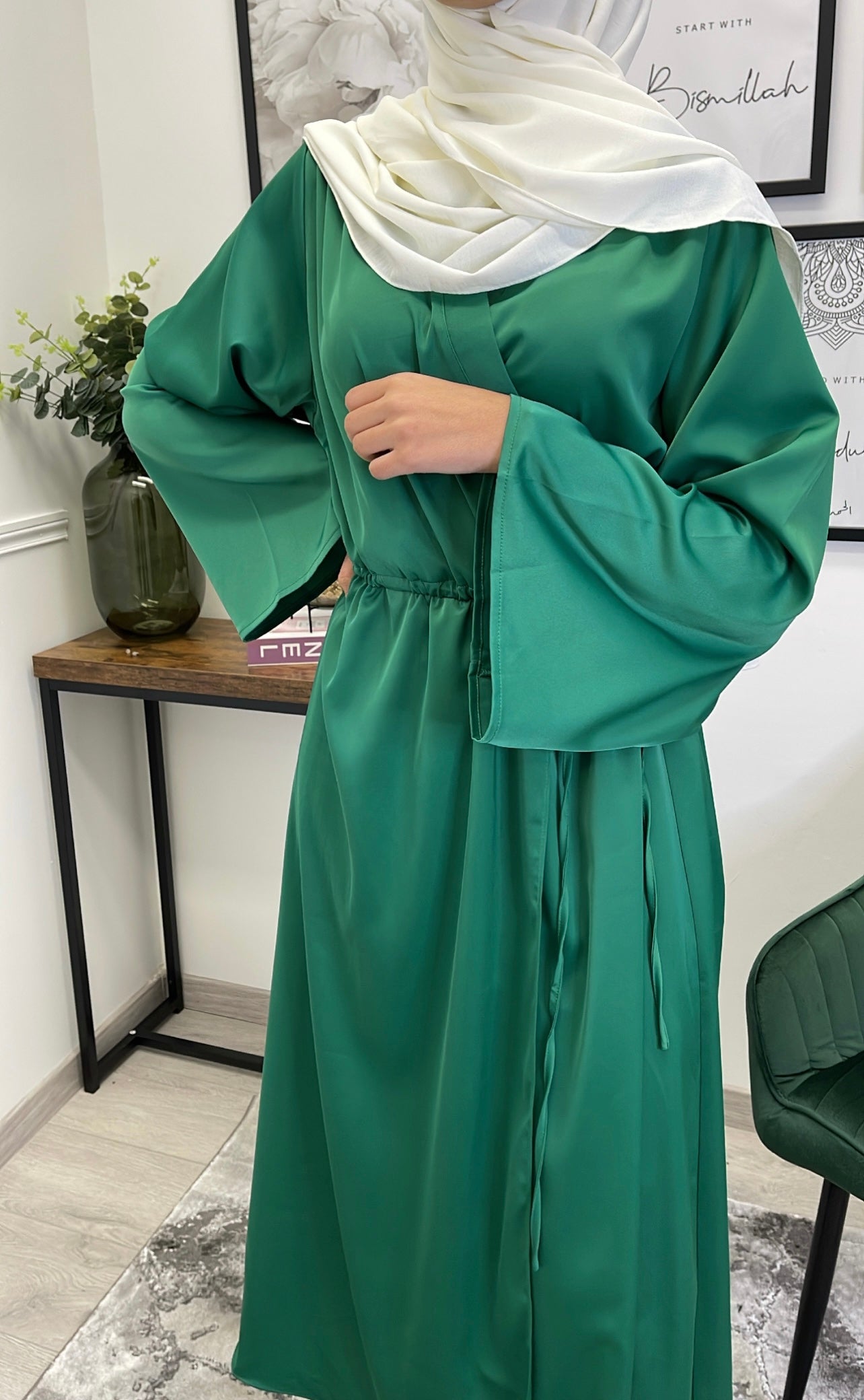 ROBE SATIN KIMONO VERT