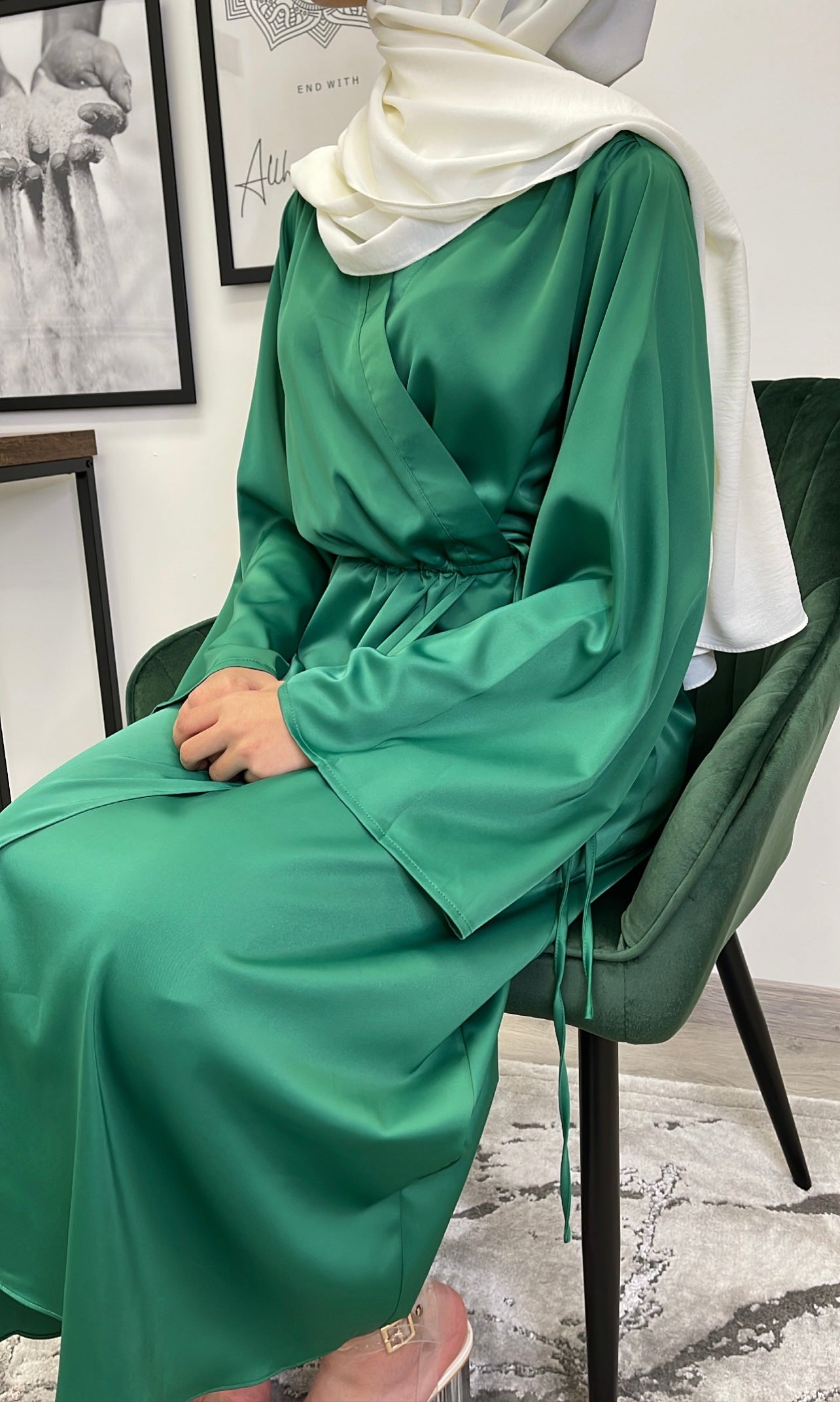 ROBE SATIN KIMONO VERT