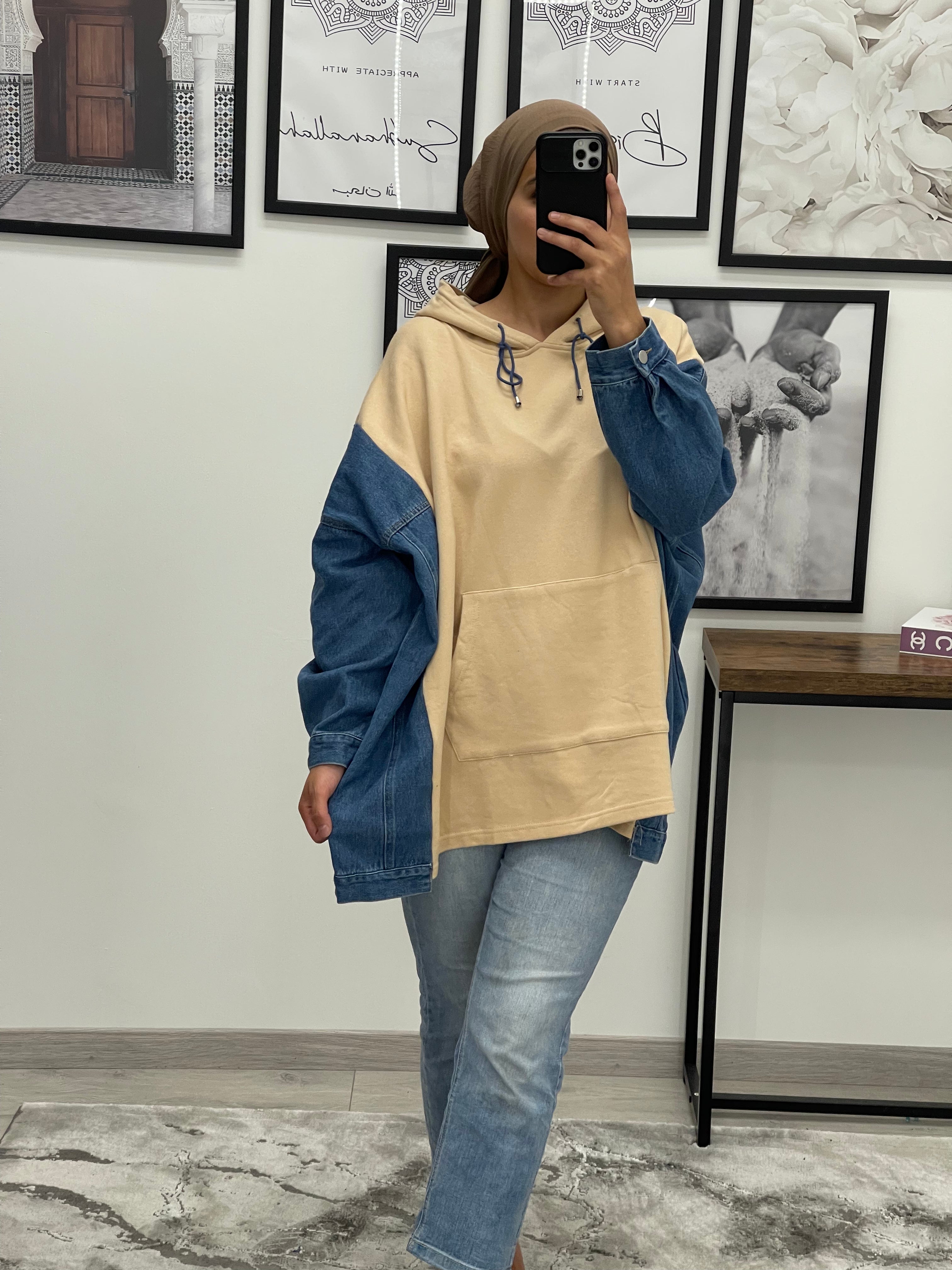 SWEAT-SHIRT BI MATIÈRE BEIGE